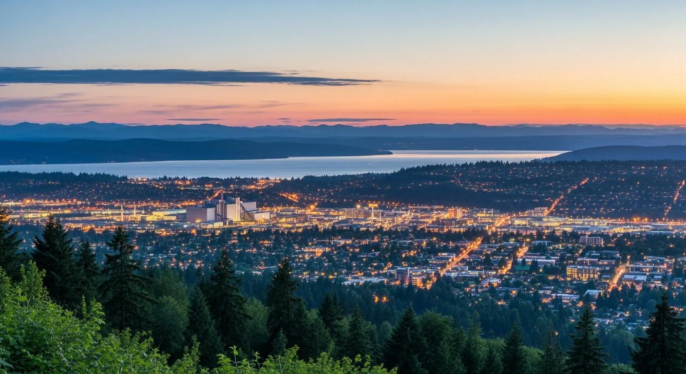 Renton, Washington and Lake Washington at dusk Renton, Washington and Lake Washington at dusk